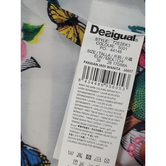 Desigual Mencia Blue & White Striped Double Breasted Blazer Floral Print Sz 38 - Picture 12 of 12